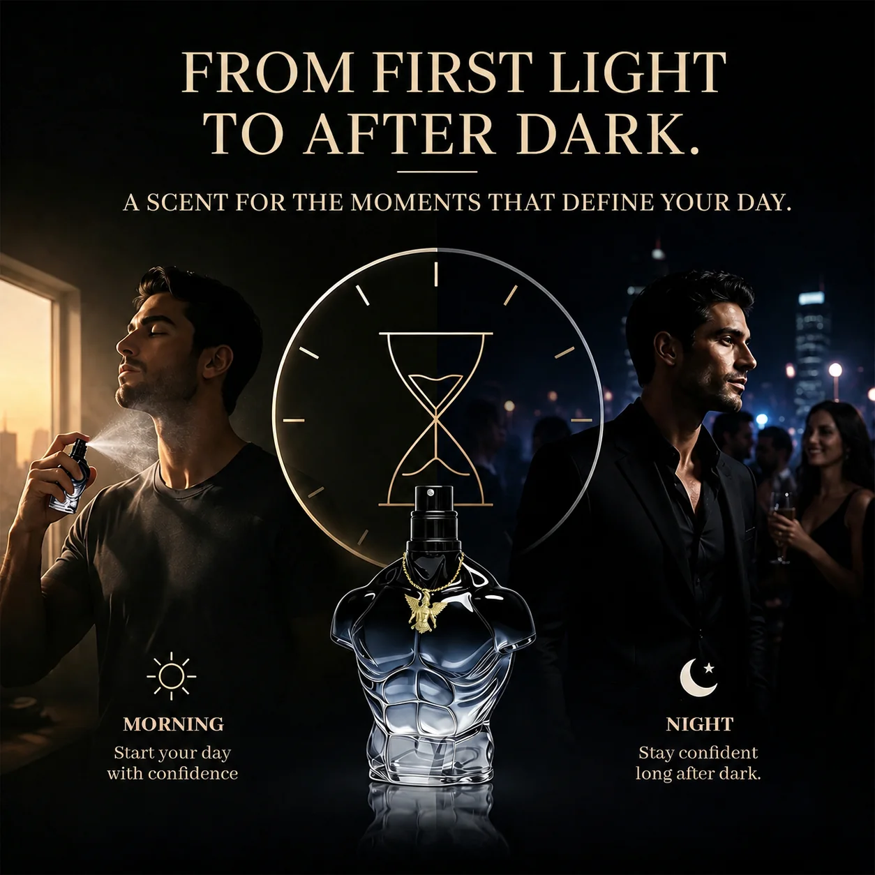 NEORBIS Confession men’s fragrance shown in morning and evening styling contexts