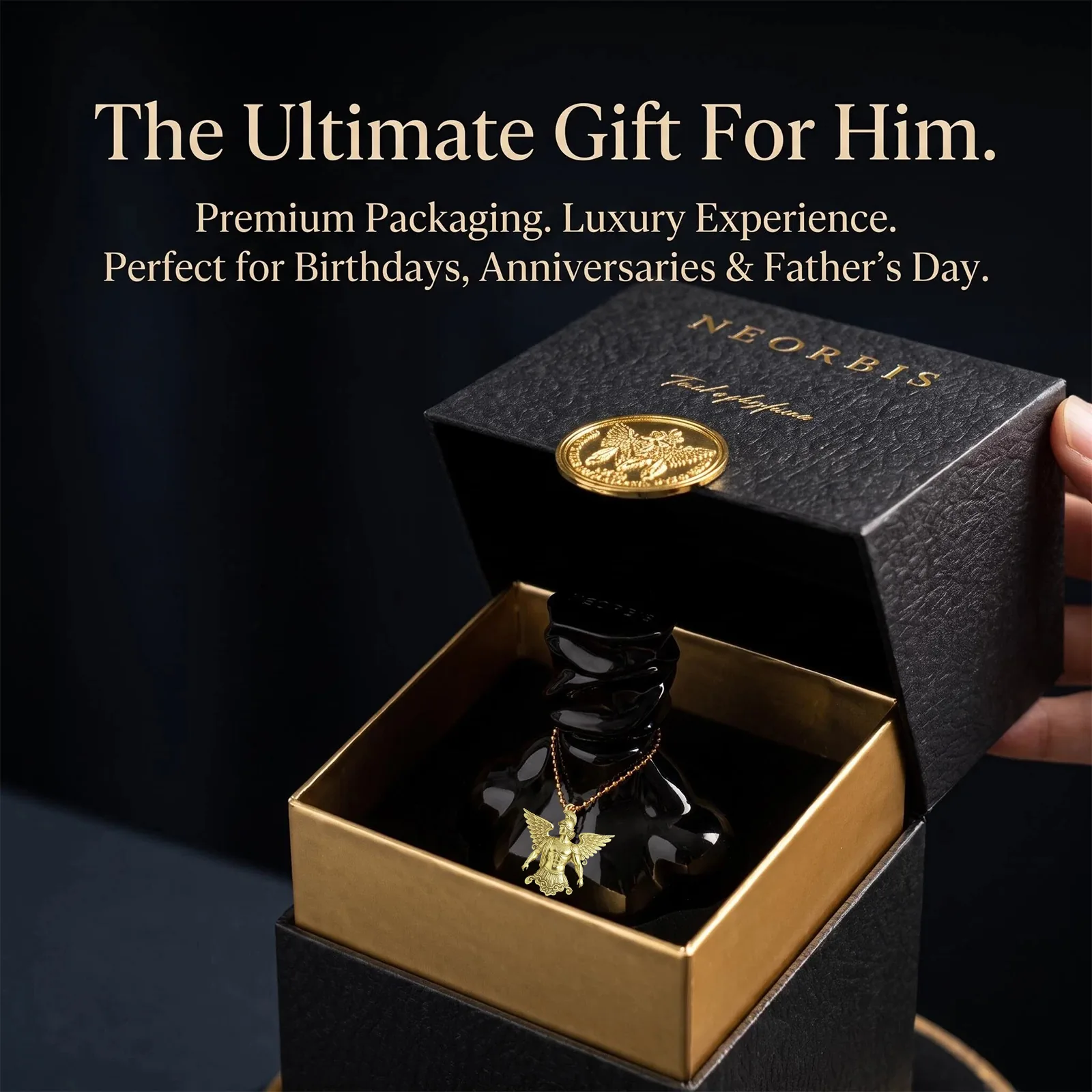 NEORBIS Confession fragrance shown in a black and gold gift presentation