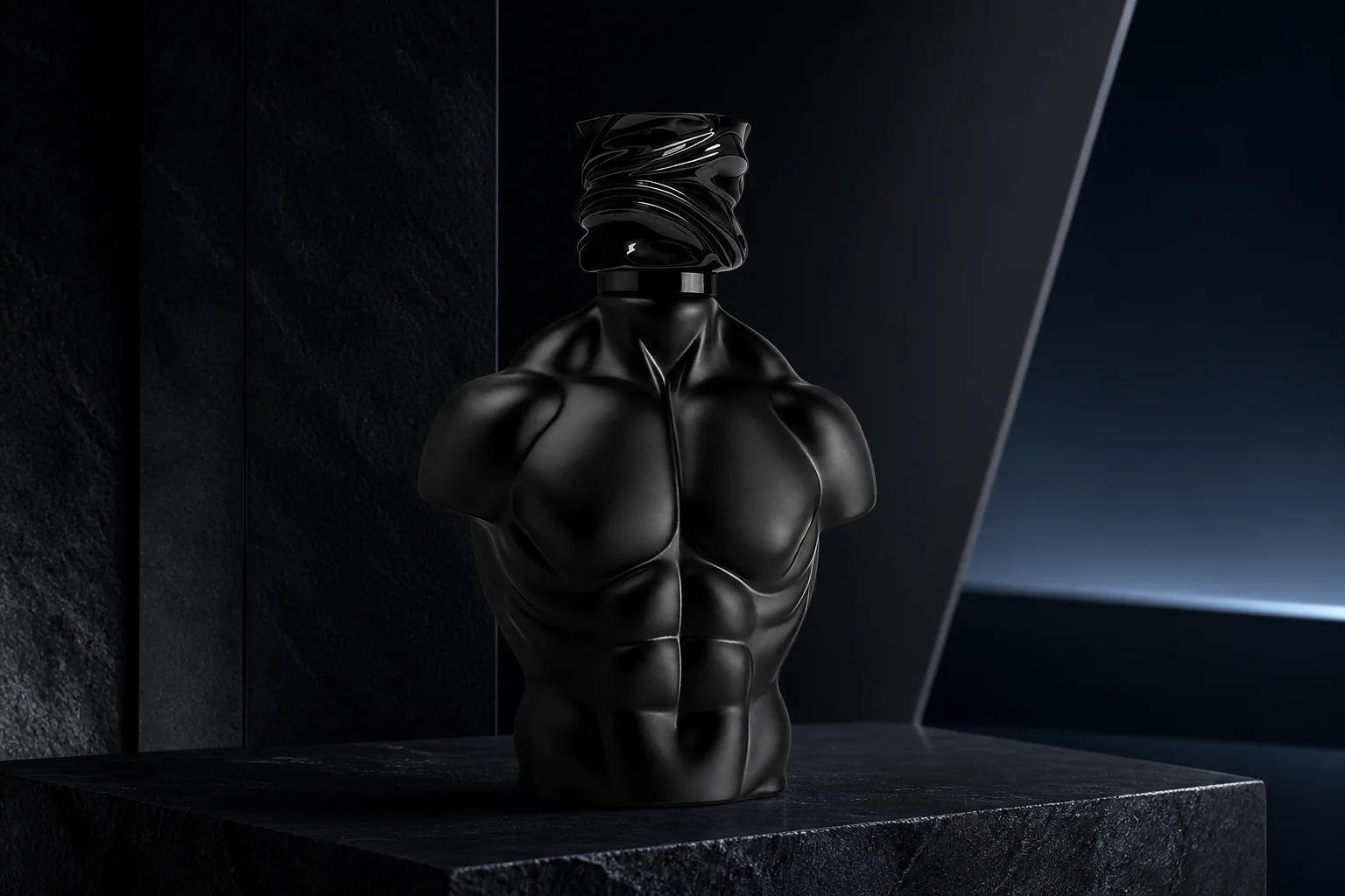 NEORBIS Wild matte-black sculptural bottle in an architectural night setting
